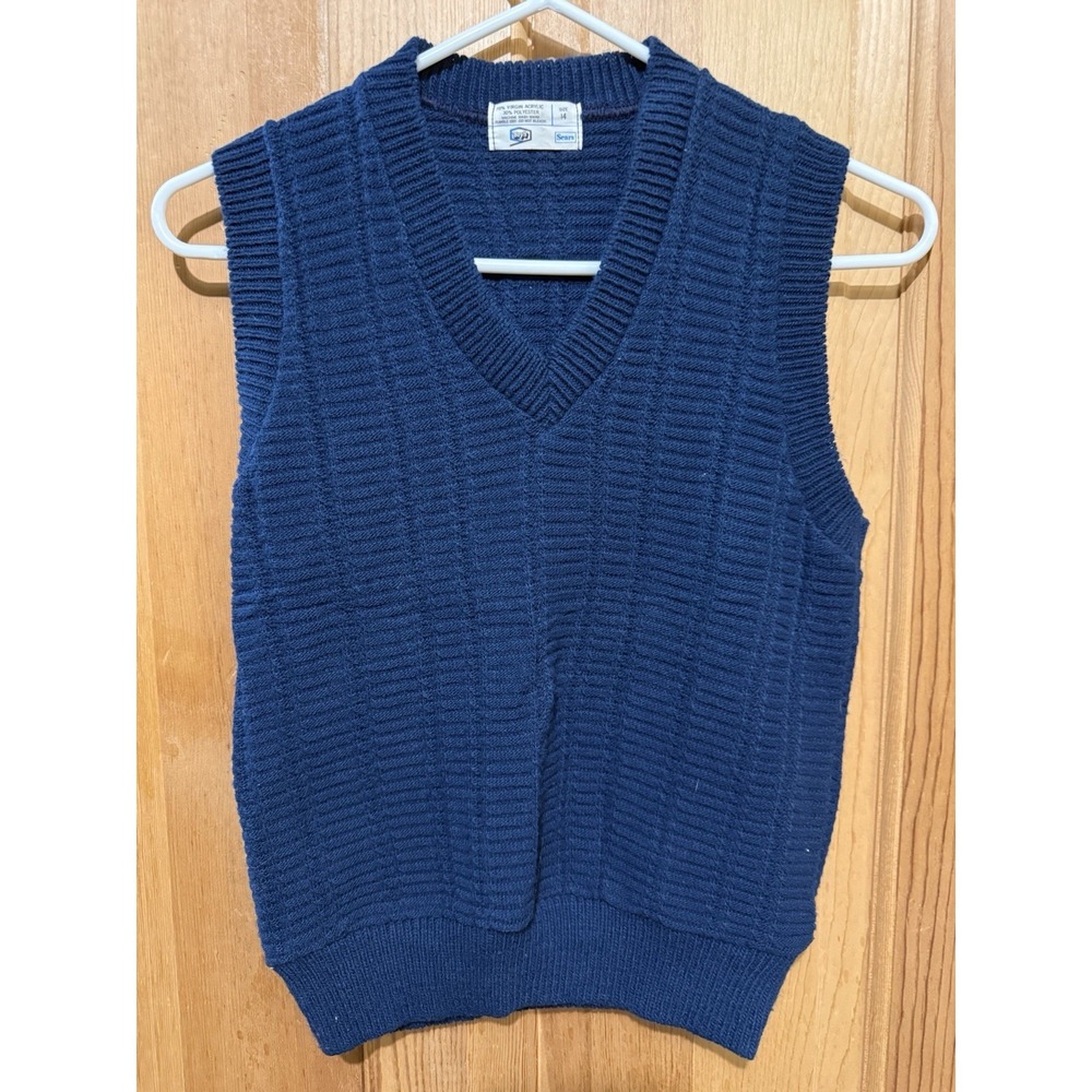 Vintage 70s 80s Sears Sweater Vest Acrylic Polyester Knit Blue Boys‎ Size 14 EUC